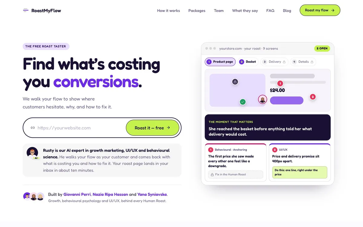 The RoastMyFlow homepage with the headline Find what's costing you conversions, a website field with the button Roast it free, and an example roast beside it