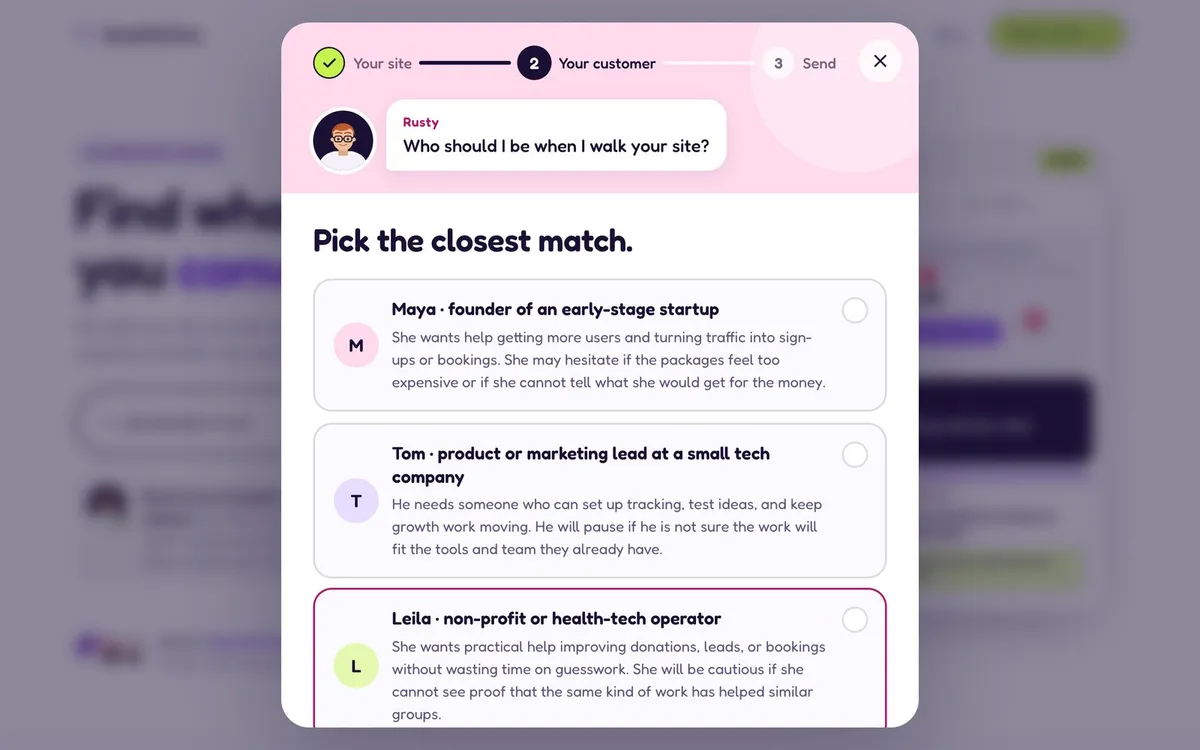 The second intake step, where Rusty asks who he should be and offers three customer cards: Maya, a startup founder, Tom, a product or marketing lead, and Leila, a non-profit or health-tech operator