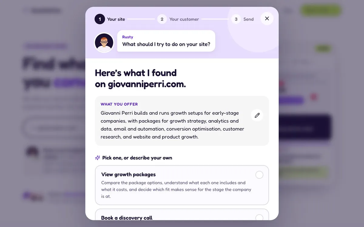 The first intake step, where Rusty asks what he should try to do on the site, summarises what giovanniperri.com offers and suggests journeys such as View growth packages and Book a discovery call