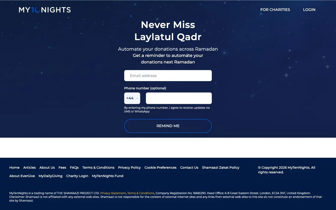 MyTenNights website, above the fold