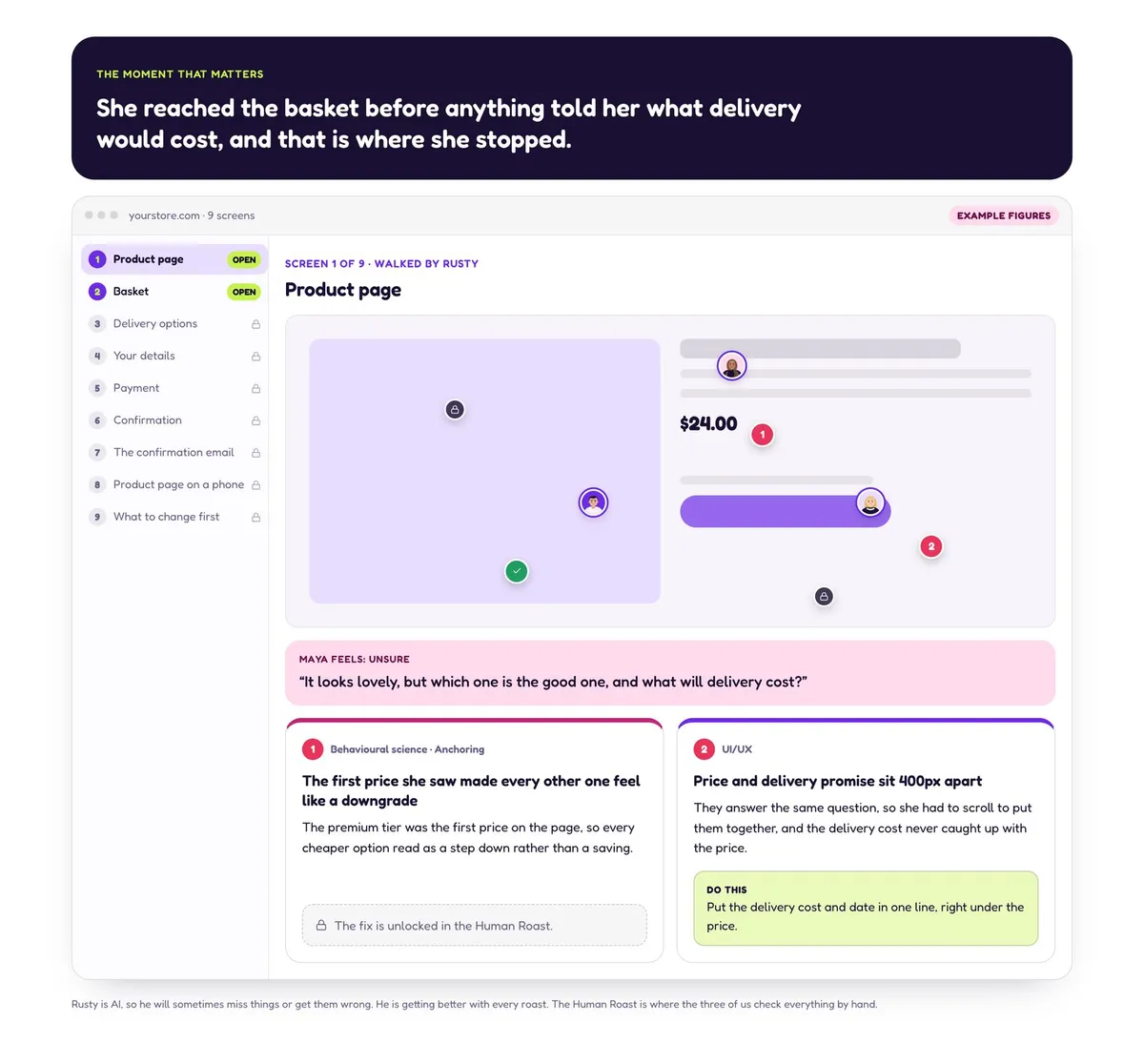 An example roast page with the moment that matters at the top, a list of nine screens on the left, and two findings under the product page: one on anchoring from behavioural science and one on UI/UX with a suggested fix